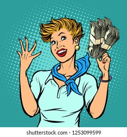 flight attendant counts dollars. Pop art retro vector illustration kitsch vintage