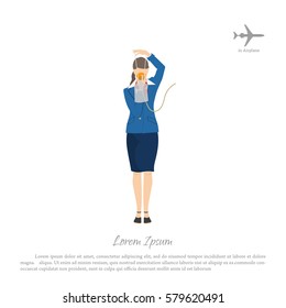 The Flight Attendant Demonstrates The Use Of An Oxygen Mask. Stewardess In Aircraft Cabin. Vector Illustration