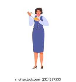Flight attendant demonstrating how to wear oxygen mask, flat vector illustration isolated on white background. Stewardess showing flight safety instructions. Woman in uniform.