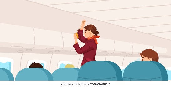 Flight attendant demonstrating safety mask in airplane cabin. Vector illustration