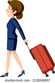 Flight attendant dragging luggage on white background illustration