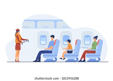 Flight attendant explaining safety instructions. Passenger, airplane, belt flat vector illustration. Travelling and vacation concept for banner, website design or landing web page