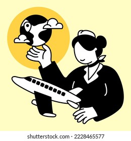 Flight attendant explains the purpose of the flight. Flat design modern vector illustration concept