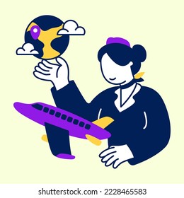 Flight attendant explains the purpose of the flight. Flat design modern vector illustration concept