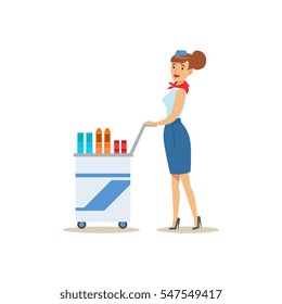Flight Attendant With Food Cart, Part Of Airport And Air Travel Related Scenes Series Of Vector Illustrations