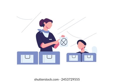la azafata dio instrucciones estilo plano ilustración diseño de Vector