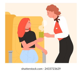 Flight attendant giving coffee to passenger. Cabin crew service cartoon vector illustration