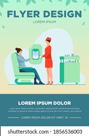 Flight attendant giving water to female passenger. Service, airplane, beverage flat vector illustration. Travelling and vacation concept for banner, website design or landing web page