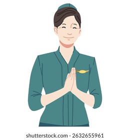 A flight attendant in a green uniform is welcoming passengers in a friendly manner