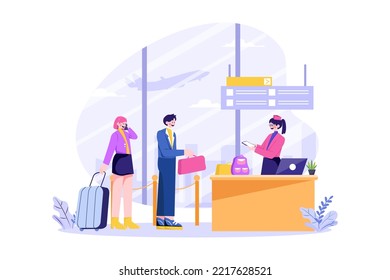 The flight attendant guides the passenger to check in at the counter