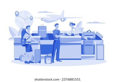 The flight attendant guides the passenger to check in at the counter