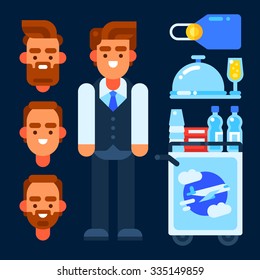 Flight attendant and his stuff. Vector flat illustration. Isolated objects.