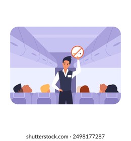 Flight attendant holding No smoking sign, man explaining rules to passengers vector illustration