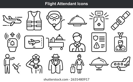Flight attendant icons set airplane travel safety service