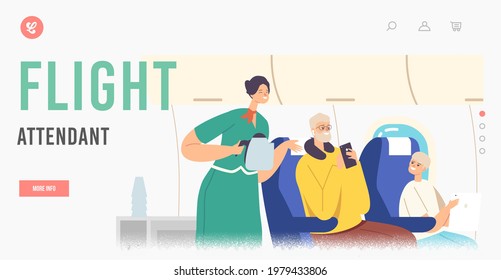 Flight Attendant Landing Page Template. Family Characters Inside of Plane. Stewardess and Passengers during Mealtime in Economy Class. Woman Air Hostess with Teapot. Cartoon People Vector Illustration