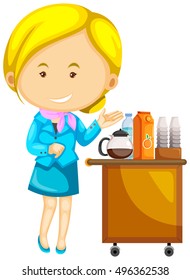 Flight Attendant And Many Drinks On Trolley Illustration