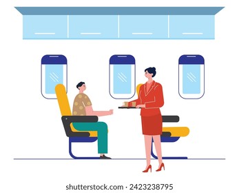 Flight attendant offering a juice drink to a passenger, journey on an airplane. Character design. Vector flat illustration