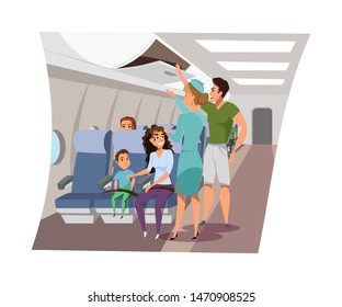 Flight attendant on board flat vector illustration. Stewardess helping man putting hand luggage in compartment cartoon character. Airlines firm crew member, hostess wearing professional uniform