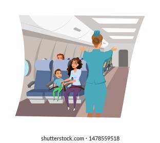 Flight attendant on plane flat vector illustration. Stewardess telling safety rules, standing in aisle cartoon character. Airline company crew member. Passengers sitting in seats, fastening belts