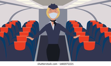 Flight Attendant On The Plane In A Medical Mask From The Coronavirus. Flat Vector Illustration.