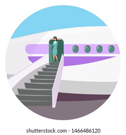 Flight attendant on staircase flat illustration. Airlines company hostess sanding on plane stairs, waiting passengers cartoon character. Stewardess in airplane wearing professional uniform