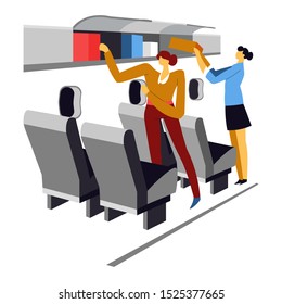 Flight attendant and passenger putting carry on luggage in overhead bin above aisle seats. Airlines worker wearing uniform, traveler preparing before take off. Flat colorful vector illustration.