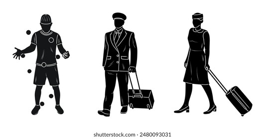 Flight attendant, pilot, juggler, silhouette outline sketch