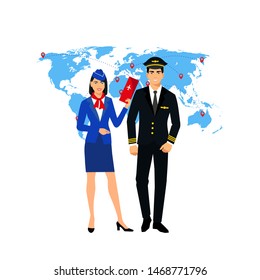 Flight attendant and a pilot- vector illustration. stewardess with a ticket in hand and a pilot on a background of a world map. airplane travel concept