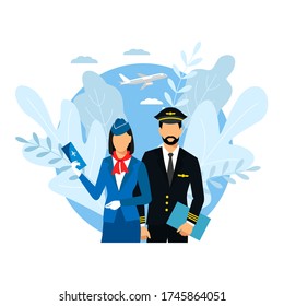 Flight attendant and a pilot- vector illustration. stewardess with a ticket in hand and a pilot on a background leaves. airplane travel concept