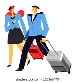 Flight attendant and pilot wearing blue airline uniforms. Walking with luggage trolleys on wheels in terminal airport. Stewardess, airlines crew workers. Flat vector illustration on white background.