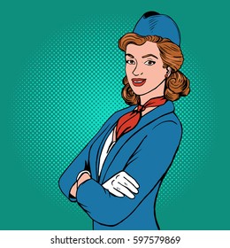 Flight attendant pop art style. Hand drawn comic book imitation vector illustration