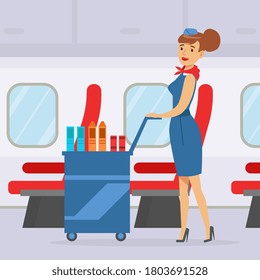 Flight Attendant Pushing Cart with Drinks on Board, Stewardess Serving Passengers During Flight Vector Illustration