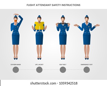 Flight Attendant Safety Instructions, vector illustration set. Safety on board