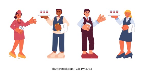 Flight attendant server cartoon flat illustration set. Waiter waitress, stewardess steward 2D characters isolated on white background. Hospitality staff scene vector color image collection