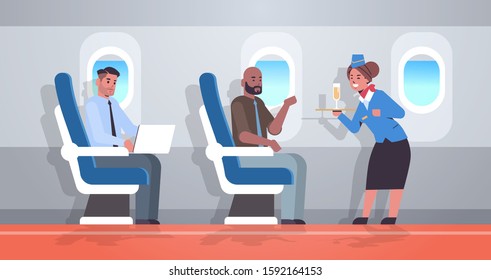 flight attendant serving alcohol drinks to passengers stewardess in uniform holding tray with champagne glass professional service travel concept airplane board interior full length horizontal vector