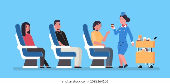 flight attendant serving drinks to airplane board passengers sitting in armchairs stewardess in uniform pushing trolley cart professional service travel concept full length horizontal flat vector