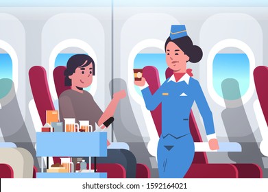 flight attendant serving drinks to passenger stewardess in uniform pushing trolley cart professional service travel concept modern airplane board interior portrait horizontal flat vector illustration