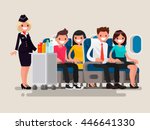 Flight attendant serving drinks to passengers on board of the aircraft. Vector illustration of a flat design