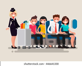 Flight attendant serving drinks to passengers on board of the aircraft. Vector illustration of a flat design