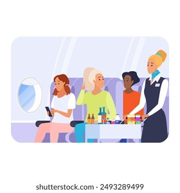 Flight attendant serving food and drinks to passengers, woman in aisle with cart vector illustration