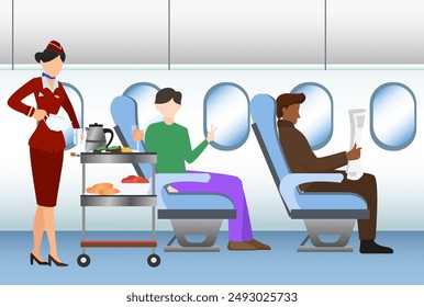 Flight attendant serving a meal to a passenger vector illustration,  airplane flight attendant pouring drinks for a man