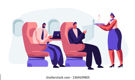 Flight Attendant Serving Passenger In Airplane. Stewardess In Uniform Holding Tray With Glass Bringing Drink To Man Comfortably Sitting In Armchair. Flight Board Crew. Cartoon Flat Vector Illustration