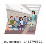 Flight attendant serving passengers illustration. Stewardess offering clients food and drinks on airplane board cartoon character. Airport crew member, hostess in professional uniform with trolley