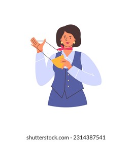 Flight attendant showing how to wear oxygen mask, flat vector illustration isolated on white background. Stewardess demonstrating airplane flight safety instruction.