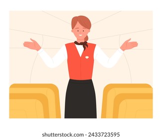 Flight attendant shows emergency exits. Cabin crew safety demonstration cartoon vector illustration