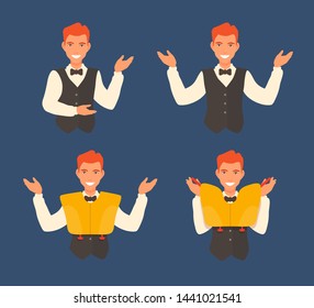 The flight attendant shows a life jacket, indicates the direction of emergency exits. Elegant suit waistcoat. Dark blue background.