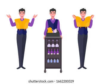 A flight attendant shows a life jacket, indicates direction of emergency exits. Elegant suit waistcoat. Trolley with drinks, beverage, glasses, bottles of water, kettle, cups. White background.
