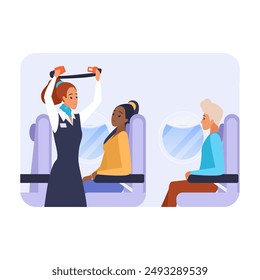 Flight attendant standing in aisle of airplane to explain seat belt instructions vector illustration