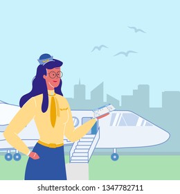 Flight Attendant, Stewardess Flat Illustration. Woman Holding Air Ticket, Boarding Pass. Airlines. Aircrew Member in Airport. Female Character Professional Uniform. Terminal, Departure Lounge