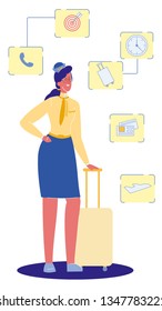 Flight Attendant with Suitcase Vector Illustration. Stewardess with Luggage. Female Aircrew Member Cartoon Character. Airlines. Job, Occupation. Boarding Pass, Air Ticket, Tour. Airplane, Model